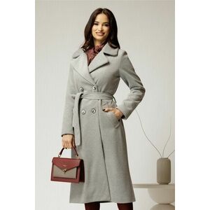 Palton Cristina midi gri cu dungi cu croi drept si cordon in talie imagine