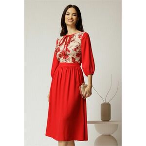 Rochie midi rosie din triplu voal in clos cu bust bej din dantela imagine