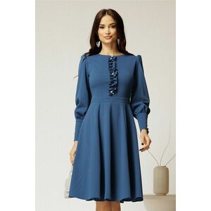 Rochie DY Fashion albastra eleganta cu volan incretit pe bust si nasturi bijuterie imagine
