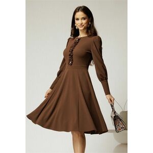 Rochie DY Fashion maro eleganta cu volan incretit pe bust si nasturi bijuterie imagine