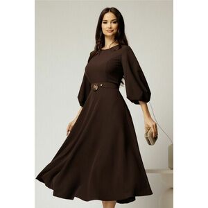Rochie midi maro din crep in clos cu maneci bufante si curea in talie imagine