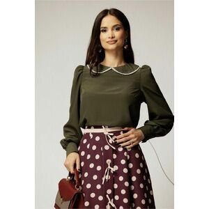 Bluza DY Fashion eleganta din triplu voal kaki cu detalii perlate la guler imagine