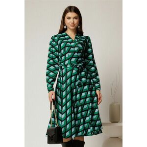 Rochie midi verde din stofa petrecuta cu imprimeuri negru si cordon in talie imagine
