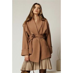 Palton scurt cappuccino oversized cu cordon in talie imagine