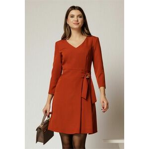 Rochie eleganta din stofa fina caramizie cu decolteu în V si talie accentuata cu accesoriu imagine