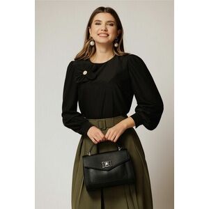 Bluza DY Fashion neagra cu maneci bufante si floare cu perla la bust imagine