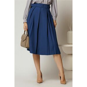 Fusta DY Fashion albastra in clos cu pliuri ample si curea in talie imagine