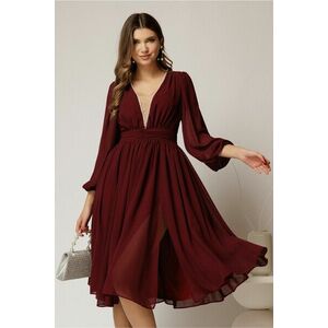 Rochie DY Fashion midi din voal bordo in clos cu perle si tull la decolteu imagine