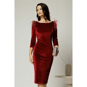 Rochie DY Fashion eleganta din catifea burgundy cu pene la umeri imagine