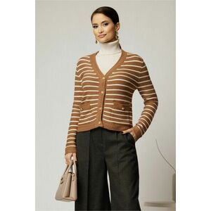 Pulover maro cu dungi albe si inchidere cu nasturi imagine