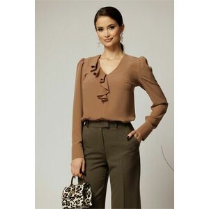 Bluza DY Fashion maro camel din voal plin cu decolteu in V si volanas imagine