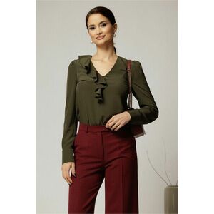 Bluza DY Fashion kaki din voal plin cu decolteu in V si volanas imagine