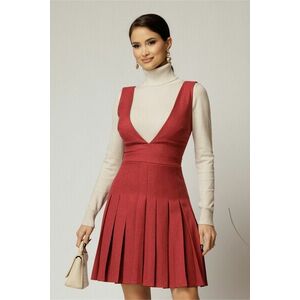 Sarafan DY Fashion rosu din stofa cu pliuri si decolteu adanc imagine