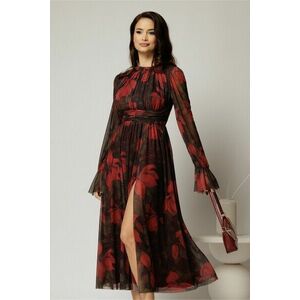 Rochie DY Fashion midi neagra cu imprimeu rosu din tulle fin in clos cu crapatura pe picior imagine