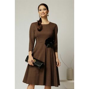 Rochie midi din stofa carou maro si finisaje negre imagine