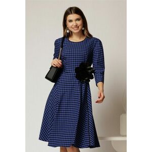 Rochie midi din stofa carou albastru si finisaje negre imagine