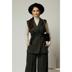 Vesta gri casual office cu croi cambrat si cordon in talie imagine