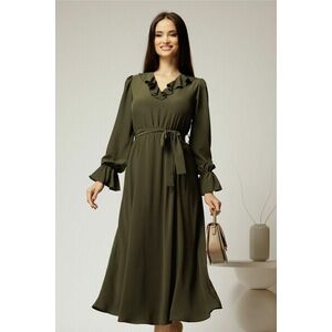 Rochie DY Fashion kaki din voal plin cu decolteu in V si volanase imagine