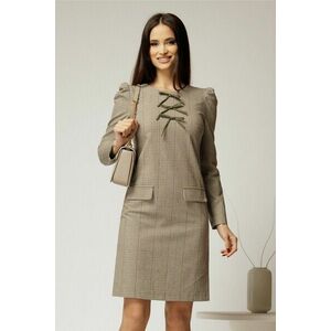 Rochie DY Fashion scurta din stofa carou bej si bleu cu funde pe bust imagine