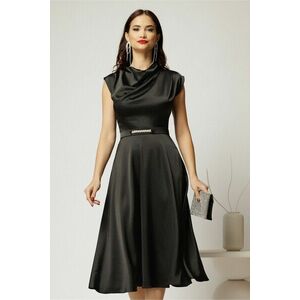 Rochie midi neagra de ocazie din satin cu pietricele mici si curea eleganta imagine