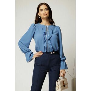 Bluza DY Fashion albastra cu volanase si perle elegante din voal plin imagine