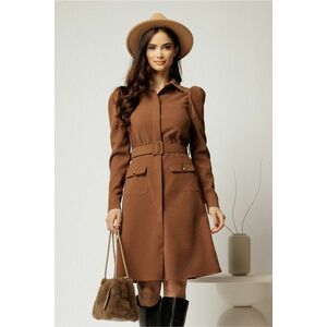 Rochie DY Fashion maro din catifea reiata tip camasa si curea in talie imagine