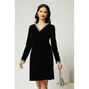 Rochie DY Fashion neagra din catifea fixa cu perle la decolteu si maneci imagine