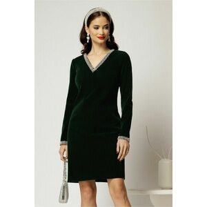 Rochie DY Fashion verde din catifea fixa cu perle la decolteu si maneci imagine