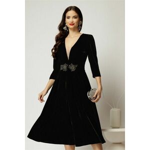 Rochie DY Fashion neagra din catifea cu decolteu adanc si cordon cu aplicatii imagine