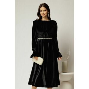 Rochie DY Fashion midi neagra din catifea cu perle pe talie imagine