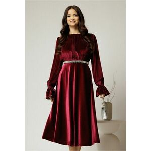 Rochie DY Fashion midi bordo din catifea cu perle pe talie imagine
