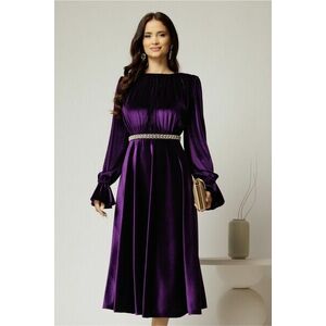 Rochie DY Fashion midi mov din catifea cu perle pe talie imagine