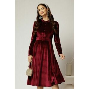 Rochie DY Fashion din catifea bordo cu nasturi imbracati si curea in talie imagine