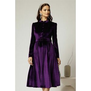 Rochie DY Fashion din catifea mov cu nasturi imbracati si curea in talie imagine