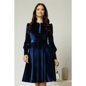 Rochie DY Fashion din catifea bleumarin cu funda si brosa la guler imagine