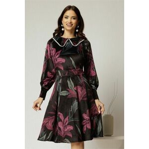 Rochie DY Fashion din catifea cu print magenta si perle la guler imagine