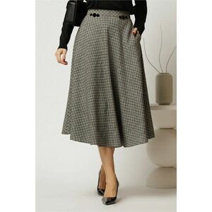 Fusta midi gri cu imprimeuri si nasturi decorativi pe talie imagine