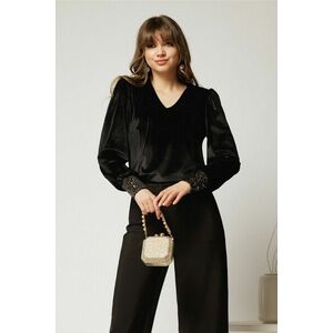Bluza DY Fashion din catifea neagra cu mansete din paiete si decolteu in V imagine
