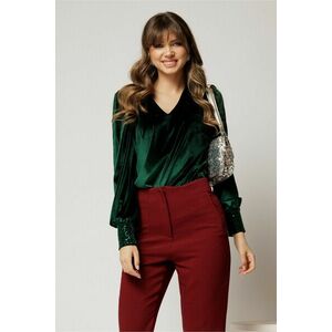 Bluza DY Fashion din catifea verde cu mansete din paiete si decolteu in V imagine