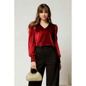 Bluza DY Fashion din catifea bordo cu mansete din paiete si decolteu in V imagine