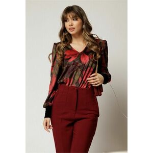 Bluza DY Fashion din catifea cu imprimeu rosu si decolteu in V imagine