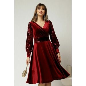 Rochie Elif eleganta din catifea bordo cu paiete pe maneci si talie imagine