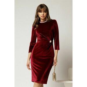 Rochie DY Fashion bordo din catifea cu perle la guler si brosa eleganta imagine