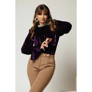 Bluza DY Fashion din catifea mov cu perle la gat si maneci evazate imagine
