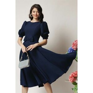 Rochie DY Fashion office din stofa bleumarin cu funda in talie imagine