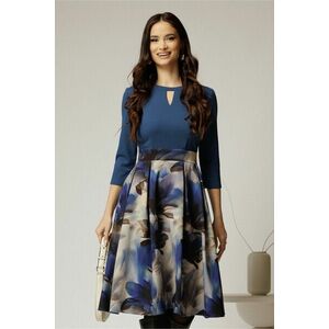 Rochie DY Fashion midi albastra cu imprimeu si decupaj la decolteu imagine