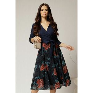Rochie DY Fashion midi bleumarin cu decolteu petrecut si fusta din voal imprimat imagine