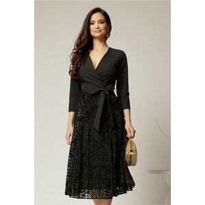 Rochie DY Fashion midi neagra cu decolteu petrecut si fusta din voal imprimat imagine