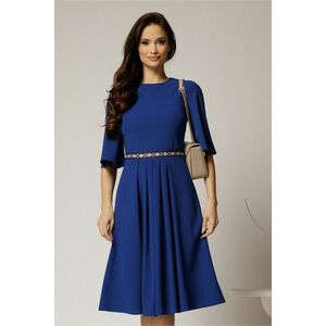 Rochie DY Fashion albastra din crep cu pliuri pe fusta si banda in talie imagine