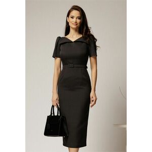Rochie DY Fashion midi conica neagra cu guler ascutit si curea in talie imagine